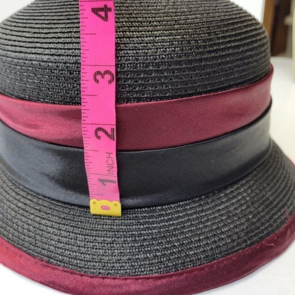 Black Dress Hat Adjustable with Red Satin Trim and Flower Rosette - One Size - Picture 10 of 15